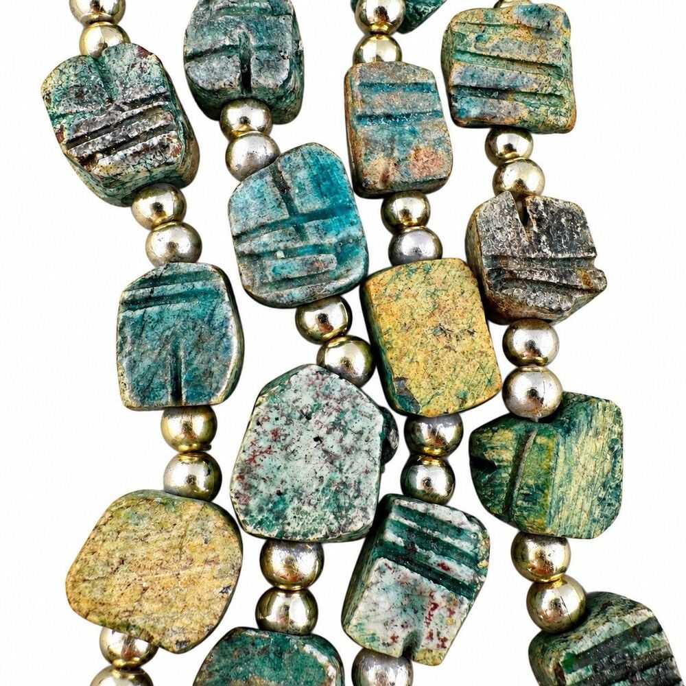 Vintage Egyptian Revival Scarab Necklace Glazed Steatite Carved Soapstone